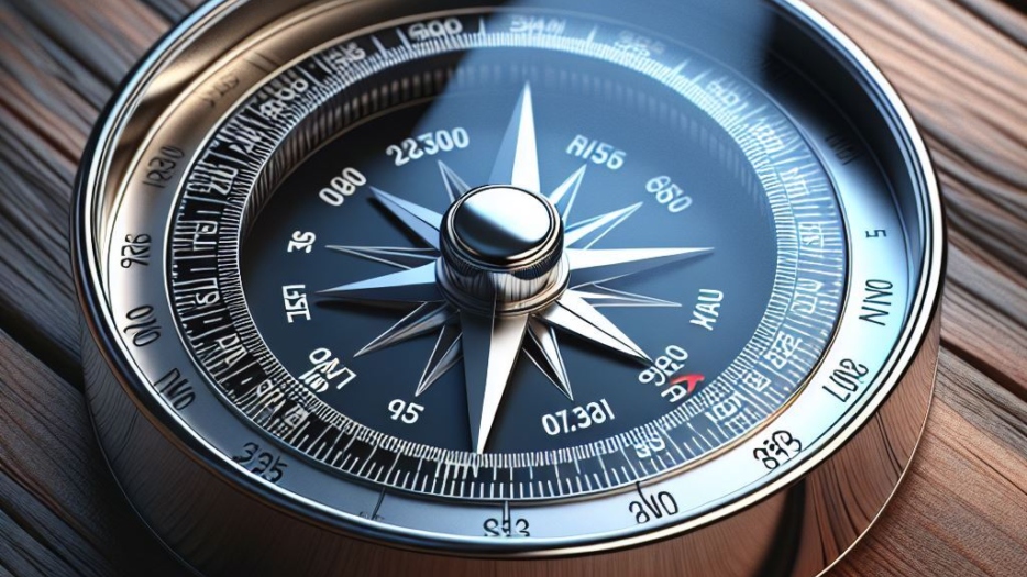 Ein moderner Kompass der wie ein realistisches Foto aussieht mit glänzendem Metallgehäuse und deta